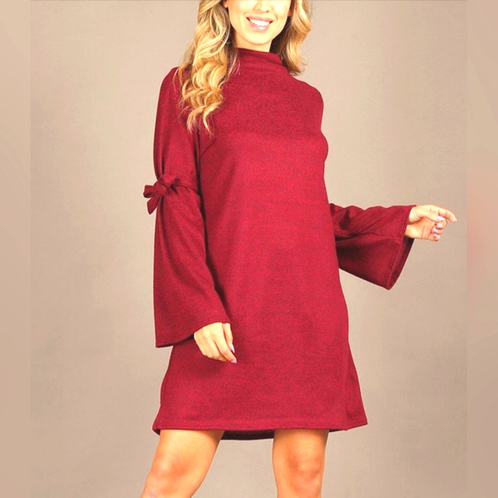 MILLY PENZANCE |RED BELL-SLEEVE MOCK-NECK SHIFT DRESS -SIZE LARGE  AA-8